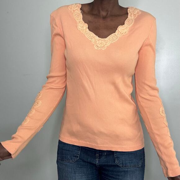 VINTAGE | Y2K Together Boho Crochet Detail Peach Cotton Long Sleeve Top - Picture 4 of 6
